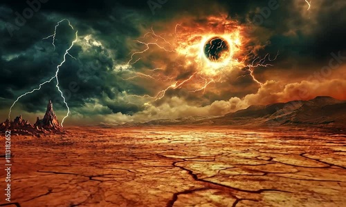 A dramatic landscape featuring a dark sun and lightning amidst a cracked earth environment.