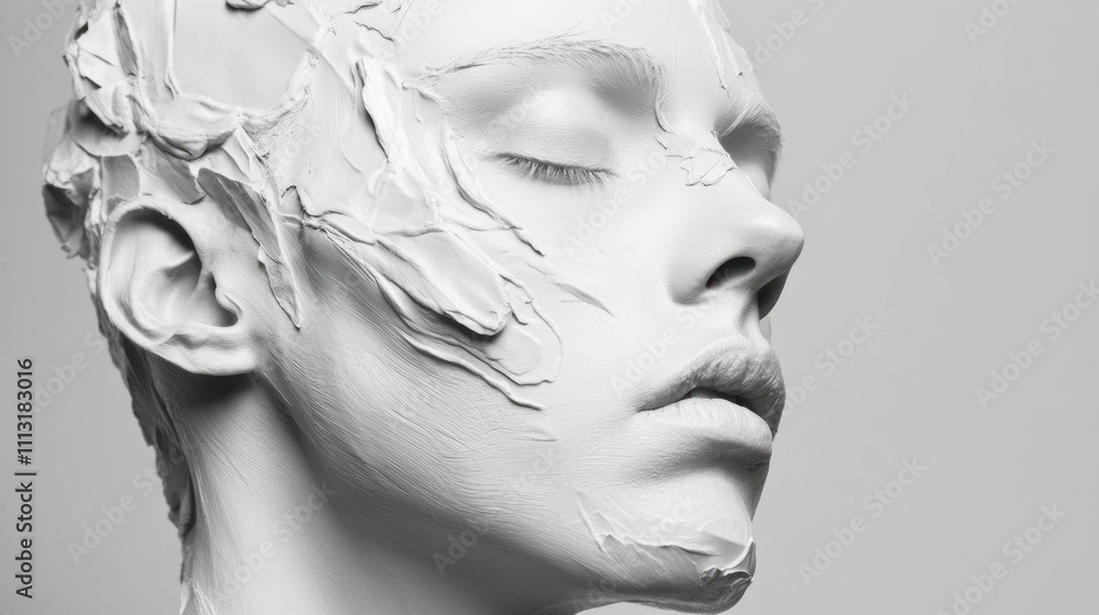Serene model with white sculpted face, closed eyes, showcasing emotional expression against a grey background. Art and creativity concept with subtle textures. Serene model with white sculpted face, closed eyes, showcasing emotional expression against a grey background. Art and creativity concept with subtle textures.