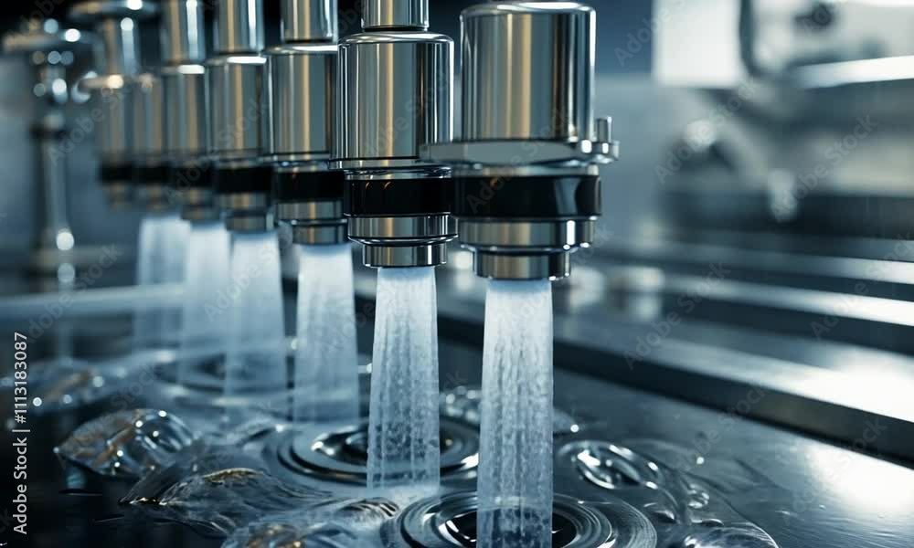 Water flowing from multiple nozzles, creating ripples on a surface. Water flowing from multiple nozzles, creating ripples on a surface.