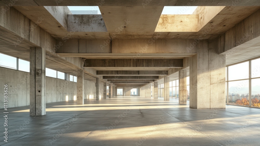 A spacious, modern interior with concrete walls and large windows allowing natural light. A spacious, modern interior with concrete walls and large windows allowing natural light.