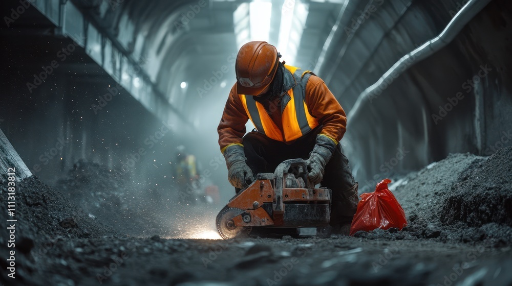 Construction worker using a circular saw in a dark tunnel, sparks flying. Construction worker using a circular saw in a dark tunnel, sparks flying.