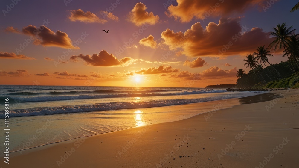 Tropical sunset over a calm beach with palm trees. (1) Tropical sunset over a calm beach with palm trees. (1)