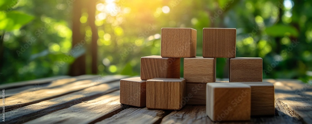 Wooden cubes stacked on rustic table in lush green forest setting with sunlight Wooden cubes stacked on rustic table in lush green forest setting with sunlight