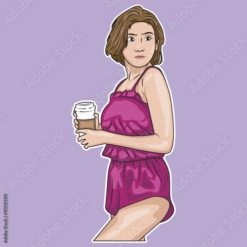 vector illustration of a cute woman in a nightgown carrying a coffee cup