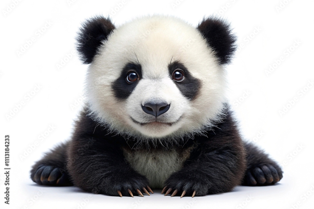 Fototapeta premium Adorable baby panda bear cub sitting on white background.