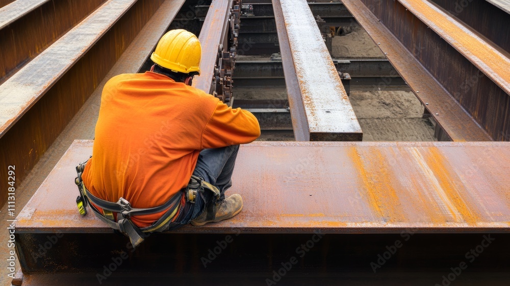 A construction worker inspecting the alignment of steel beams for a bridge renovation project, Beam alignment inspection scene, Bridge renovation construction style A construction worker inspecting the alignment of steel beams for a bridge renovation project, Beam alignment inspection scene, Bridge renovation construction style