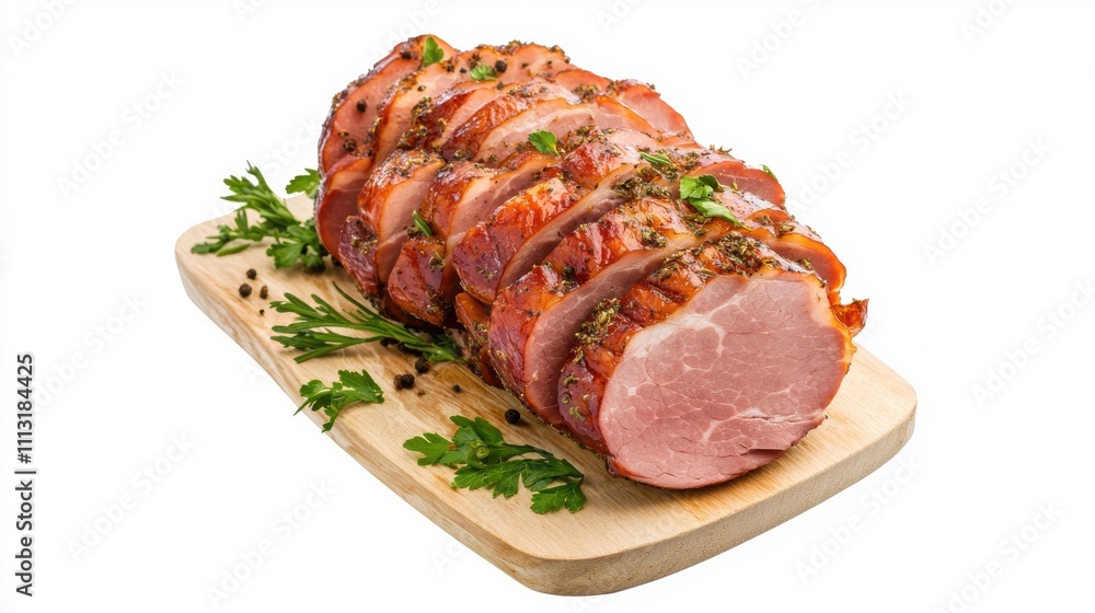 Close-up of rustic sliced american ham with herbs on wooden board Close-up of rustic sliced american ham with herbs on wooden board