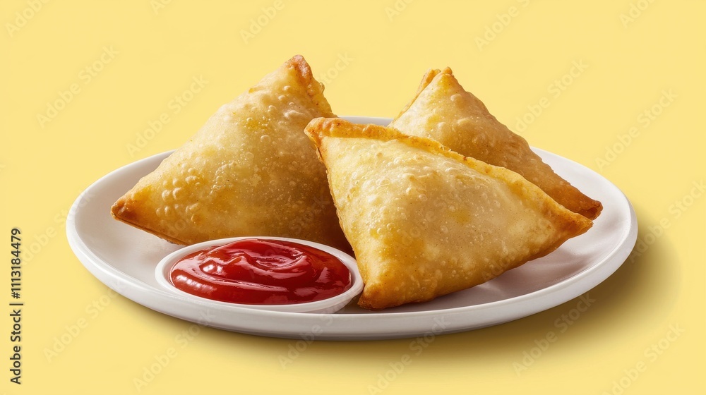 Delicious samosas with ketchup on plate isolated yellow background Delicious samosas with ketchup on plate isolated yellow background