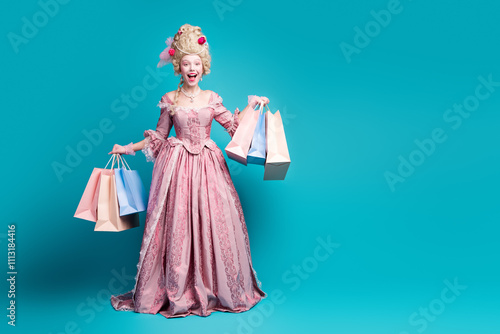 Full size portrait of young princess girl store bags empty space wear vintage dress isolated on turquoise color background photo