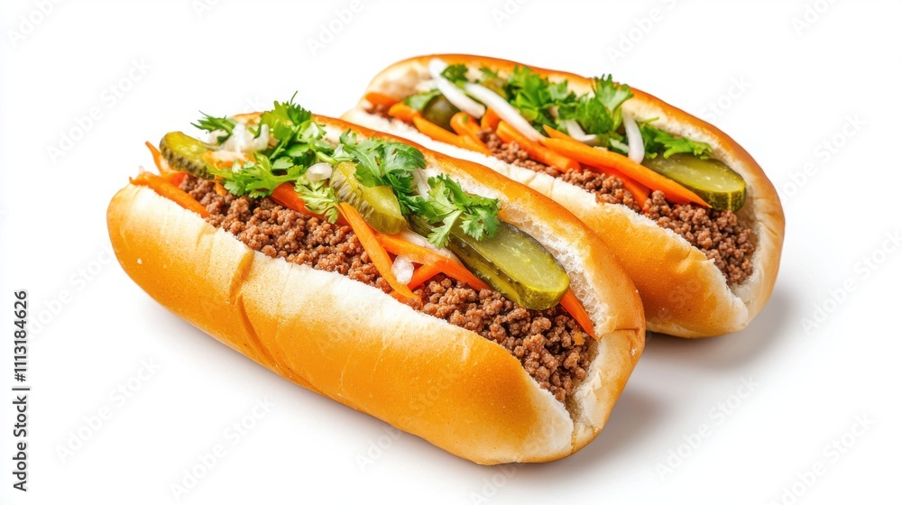 Ground beef banh mi with pickles and carrots isolated food shot Ground beef banh mi with pickles and carrots isolated food shot