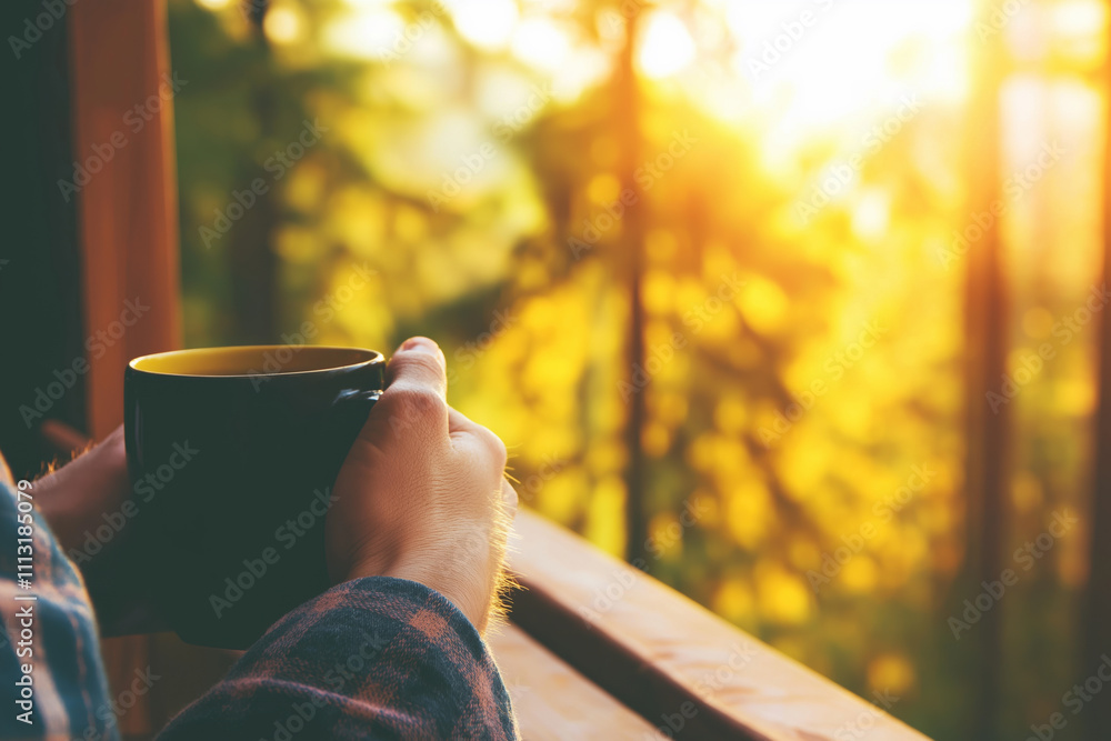 Morning coffee in forest solitude with sunrise glow Morning coffee in forest solitude with sunrise glow