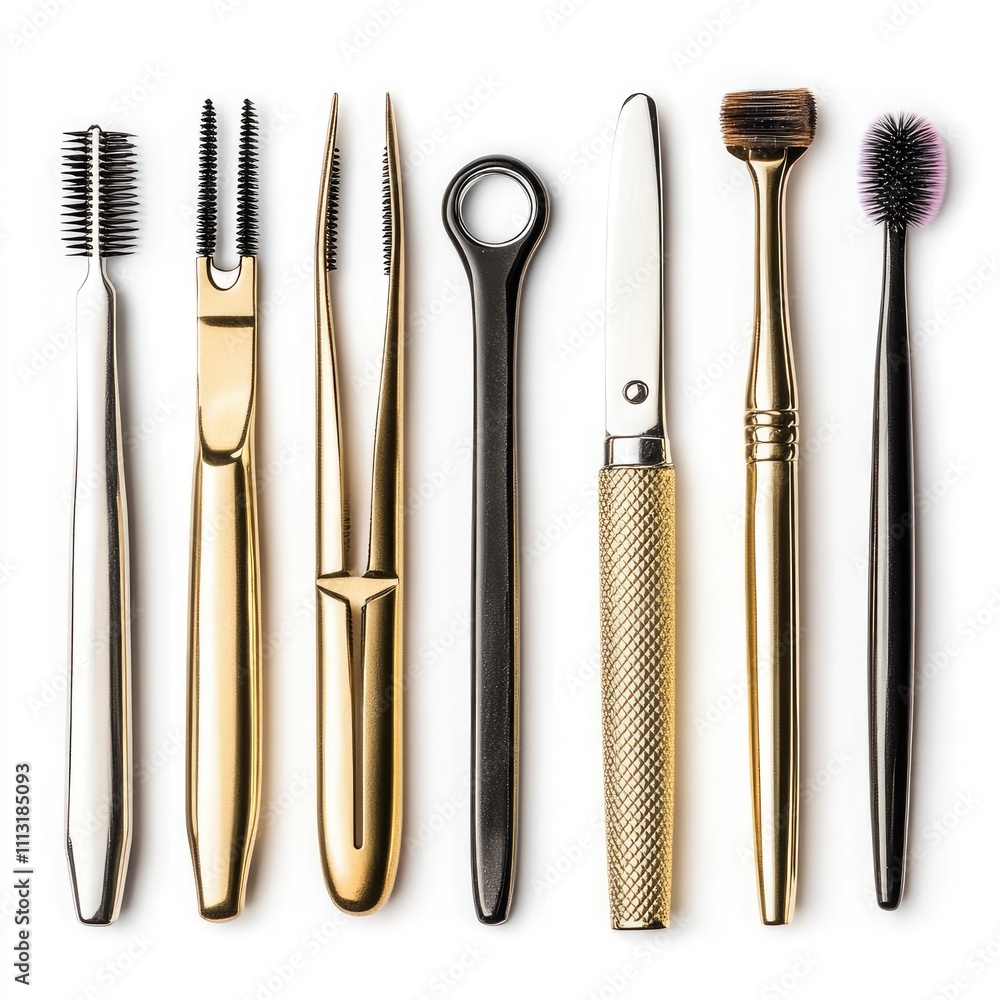 A collection of beauty and grooming tools arranged in a row. A collection of beauty and grooming tools arranged in a row.