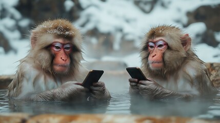 Two snow monkeys relax in hot spring. Hold smartphones, seem engrossed in devices. Snowy winter landscape background. Animals using tech in natural hot spring. Wild animals enjoy digital