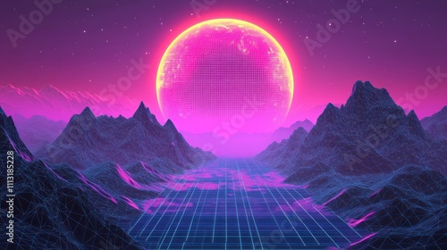 A vibrant, retro-futuristic landscape featuring a large pink sun and wireframe mountains.