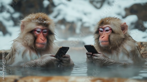 Two snow monkeys relax in hot spring. Hold smartphones, seem engrossed in devices. Snowy winter landscape background. Animals using tech in natural hot spring. Wild animals enjoy digital