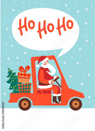 Santa in golf cart. Ho Ho Ho. Christmas vector illustration for card, poster, cover and seasonal decor