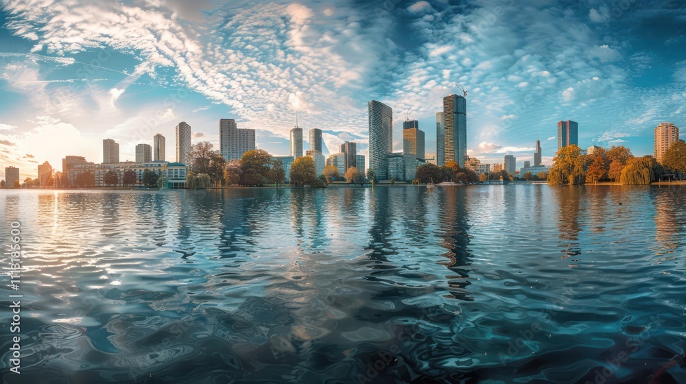 Fototapeta premium Wide angle perspective from across the lake shore in a densely populated urban area