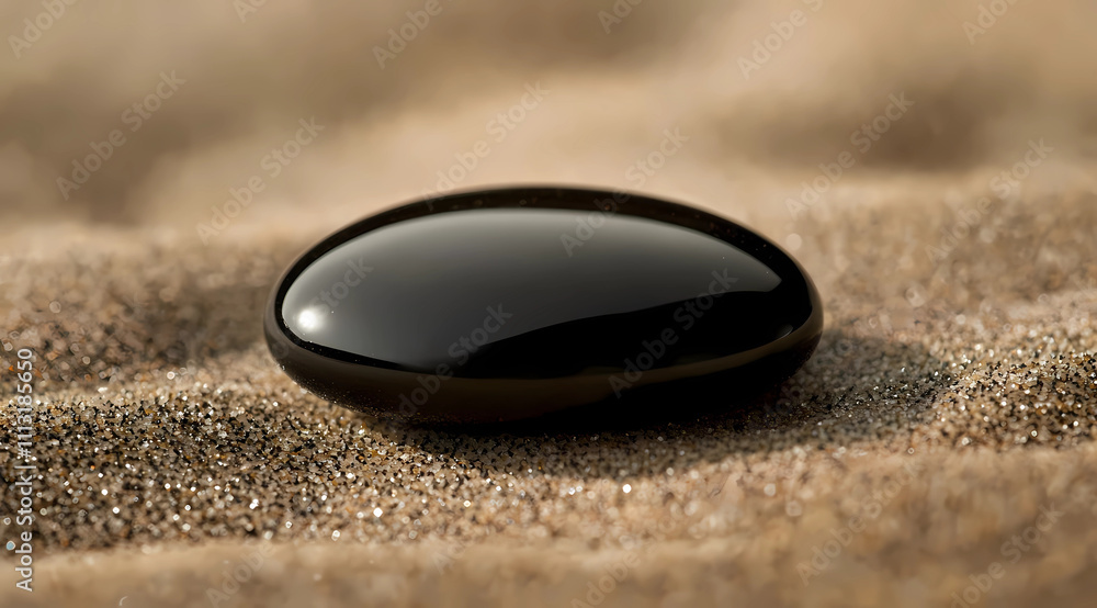 Zen Simplicity: Black Pebble on Sandy Surface Zen Simplicity: Black Pebble on Sandy Surface