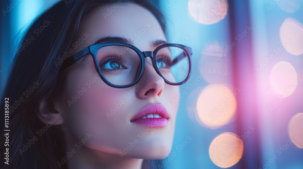 Portrait of a woman wearing glasses with dreamy bokeh effect Portrait of a woman wearing glasses with dreamy bokeh effect