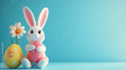 A cute bunny holding a pink egg with decorated easter eggs and flower.