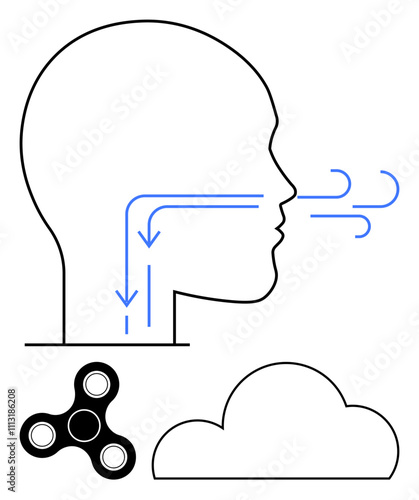 Human head outline showing airflow with arrows, fidget spinner, and cloud representing relaxation and mental clarity. Ideal for health, mindfulness, stress relief, mental health, relaxation, anatomy