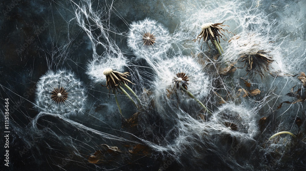 Fototapeta premium Dandelion seeds trapped in spider webs creating surreal dark atmosphere