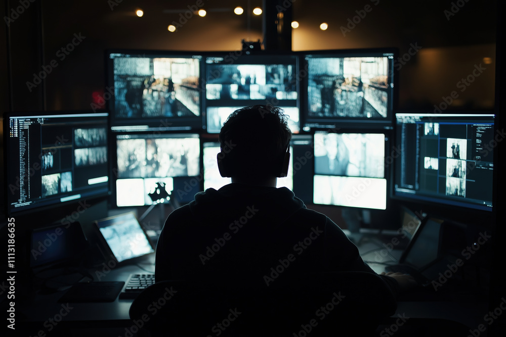 Man in dark room monitoring multiple security screens in a high tech environment Man in dark room monitoring multiple security screens in a high tech environment
