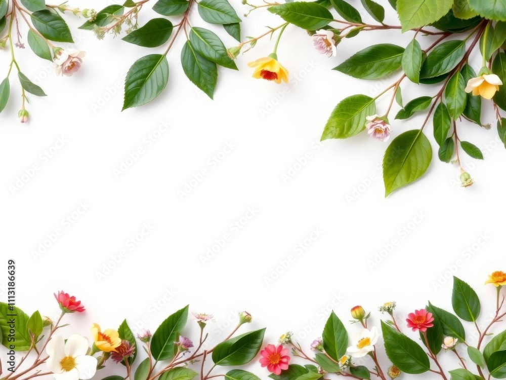 Naklejka premium Botanical foliage surrounding a white frame in the center, perfect for adding text or graphics, border, decoration, template