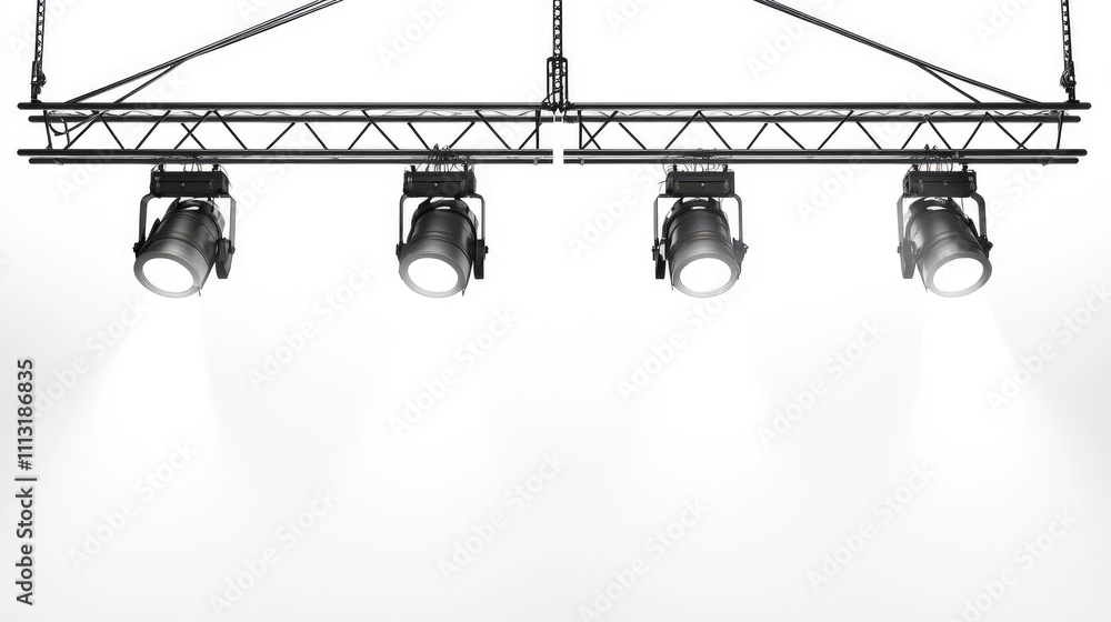 A setup of stage lighting fixtures hanging from a truss, illuminating a blank backdrop.