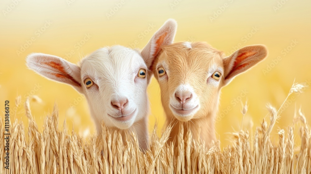 Obraz premium Two adorable goat kids peek out from a field of golden wheat, embodying charm and innocence in a serene rural setting.