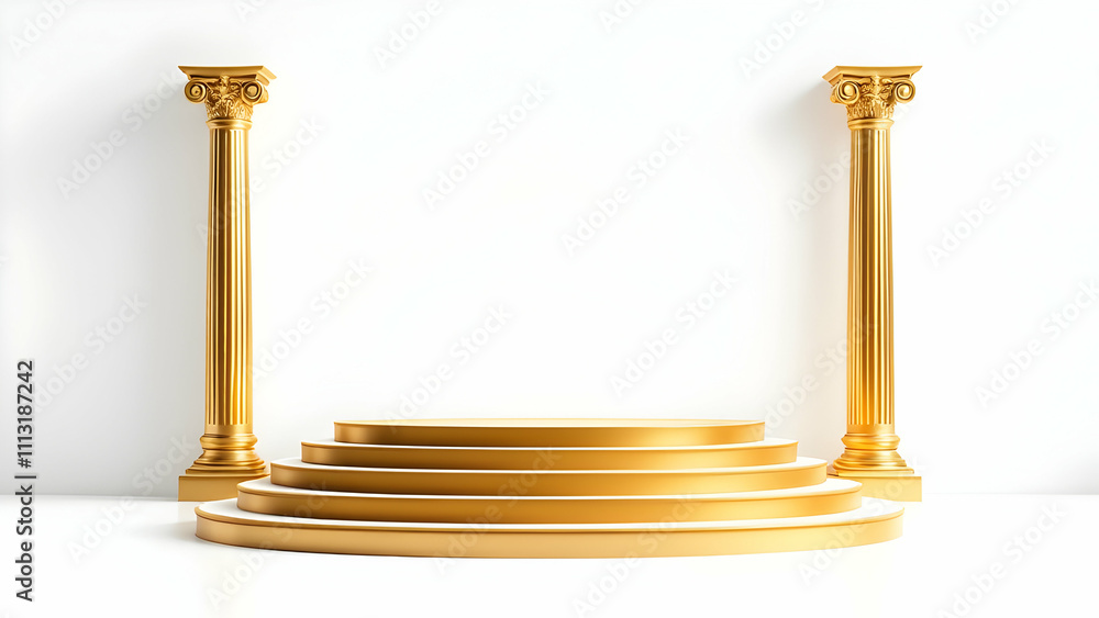 A 3D rendering shows a golden circular pedestal with steps, flanked by two golden classical columns against a white background. Its a luxurious stage perfect for product display or awards.