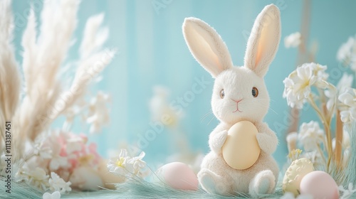 A cute bunny holding an egg surrounded by flowers and pastel colors.