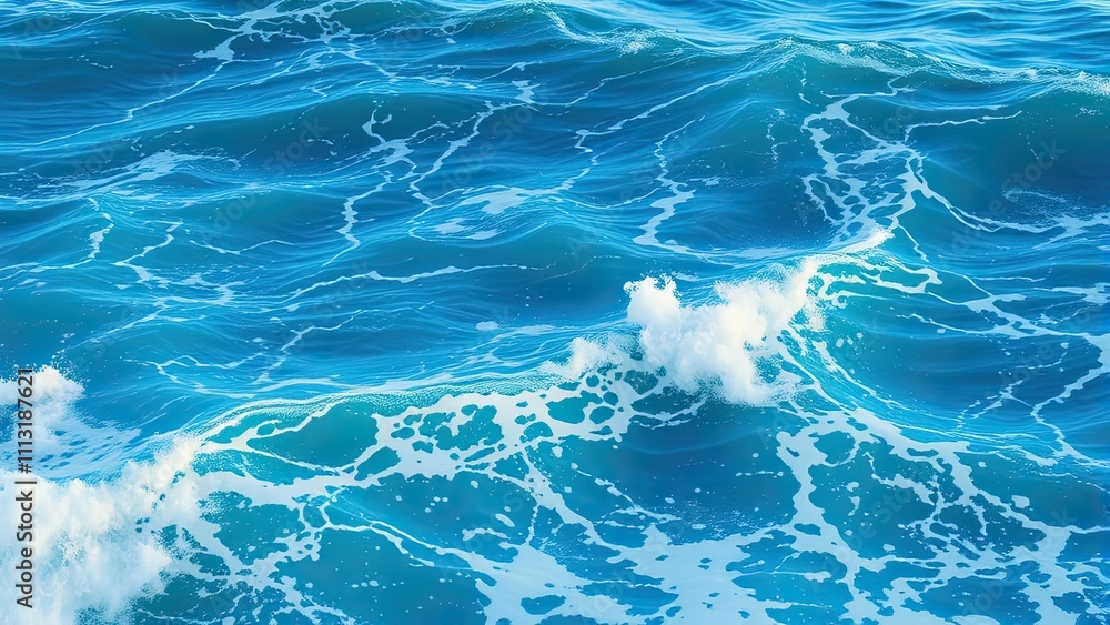 Naklejka premium Blue turquoise ocean water with waves breaking and foamy seawater, blue turquoise ocean., wave texture, sea surface waves, turquoise ocean