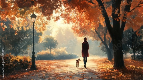 Wallpaper Mural A serene autumn scene with a woman walking her dog through fallen leaves in a park. Torontodigital.ca