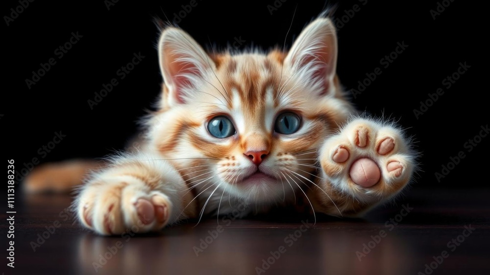 Close up of a blue-eyed cat on a table with a black background, paws, pet, table Close up of a blue-eyed cat on a table with a black background, paws, pet, table
