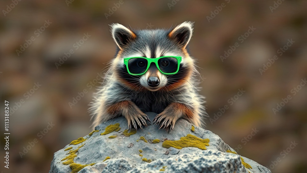 Fototapeta premium Close-up of a raccoon wearing green sunglasses and looking at the camera from atop a small rock, small rock, furry animal