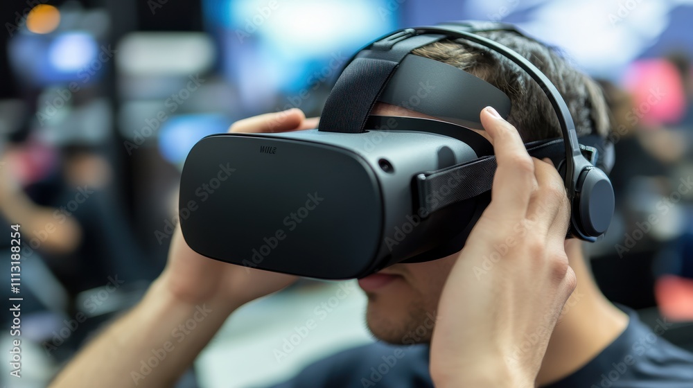 Person wearing a virtual reality headset, engaged in immersive experience. Person wearing a virtual reality headset, engaged in immersive experience.