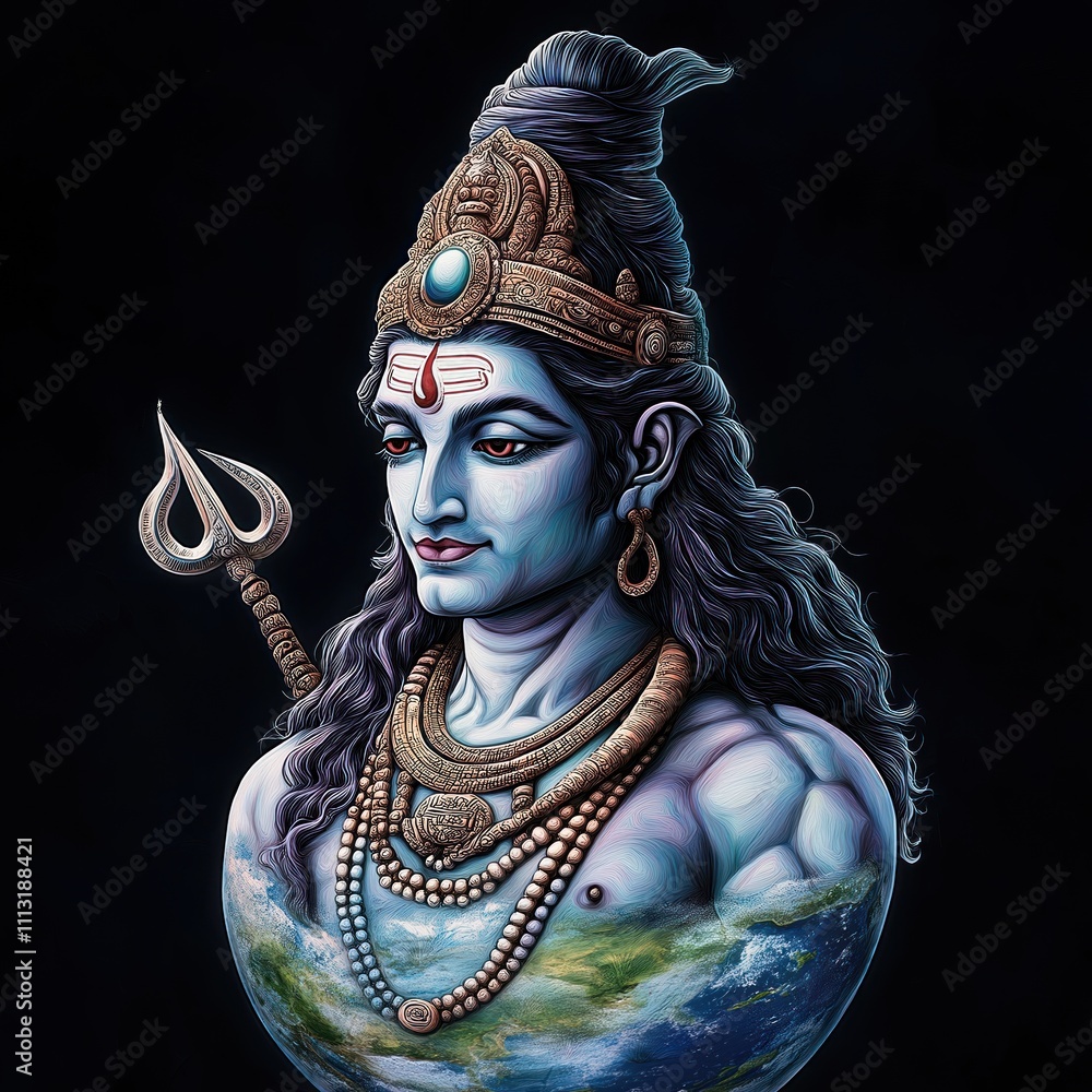 Lord Shiva portrait against Earth background. Hindu god of destruction ...