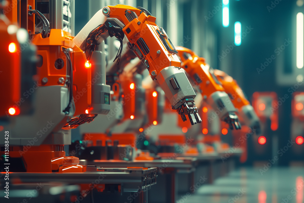 Automated Mechanical Arms in Modern Factory Workshop Automated Mechanical Arms in Modern Factory Workshop