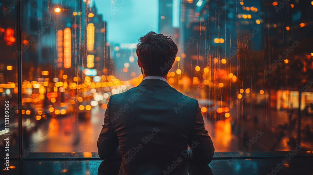 Businessman Looking Out Over a Cityscape at Dusk with Glowing Lights and Reflections on Wet Glass in a Modern Urban Environment Businessman Looking Out Over a Cityscape at Dusk with Glowing Lights and Reflections on Wet Glass in a Modern Urban Environment
