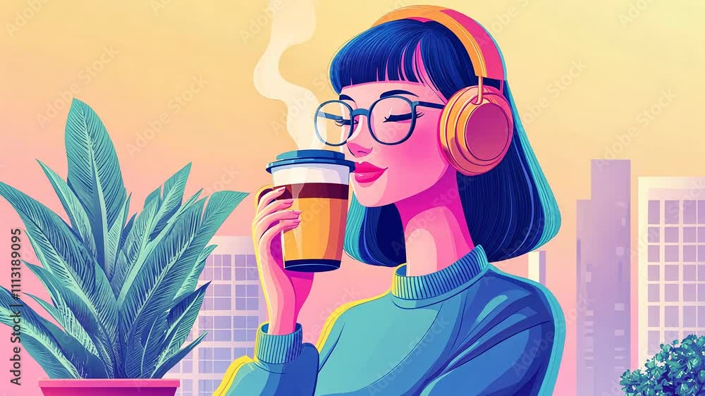 lofi anime girl theme, A stylish woman enjoys a warm beverage while wearing headphones and cityscape, cozy, relax lofi anime girl theme, A stylish woman enjoys a warm beverage while wearing headphones and cityscape, cozy, relax
