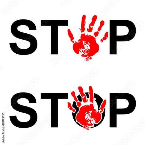 stopping the violence, harassment for against action, warning awareness or bullying and abuse hand print stop gesture, palm imprint stamp with stop, no or don't text illustration vector