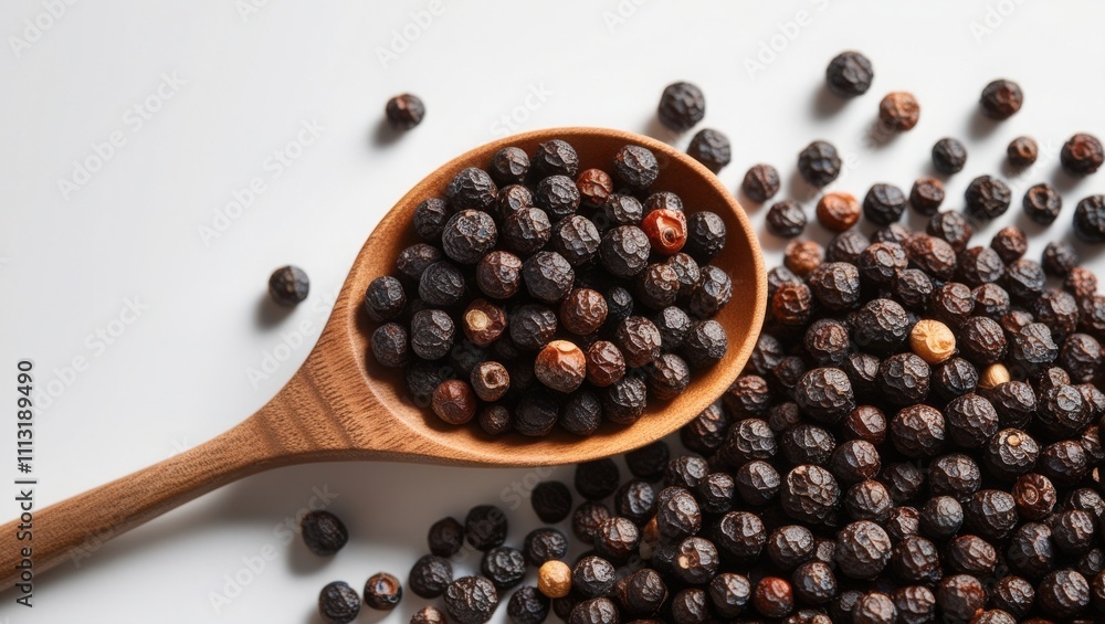 close-up of black peppercorns scattered on a white surface, with a wooden spoon holding some of the peppercorns. The textured surface of the peppercorns highlights their natural details. close-up of black peppercorns scattered on a white surface, with a wooden spoon holding some of the peppercorns. The textured surface of the peppercorns highlights their natural details.