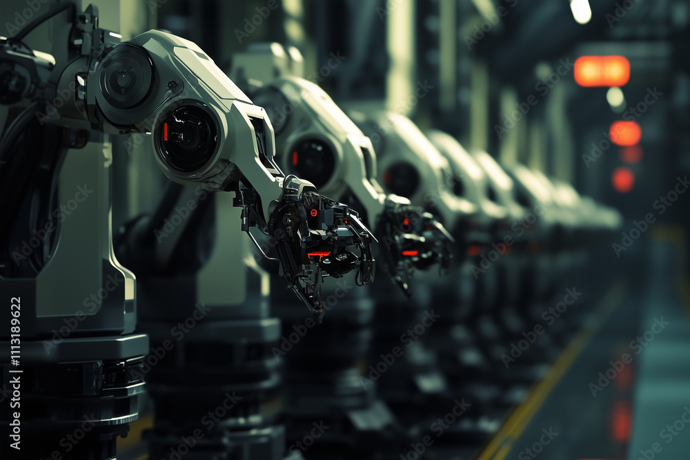 Automated Mechanical Arms in Modern Factory Workshop Automated Mechanical Arms in Modern Factory Workshop