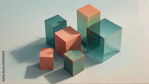 Abstract arrangement of translucent teal and peach cubes in pastel tones with soft lighting and modern minimalist aesthetics.