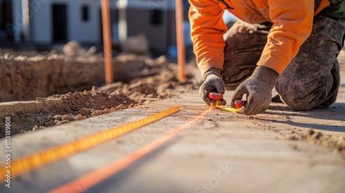 A construction worker using a laser level to mark foundation lines for a residential building, Foundation marking scene, Precision measurement style photo