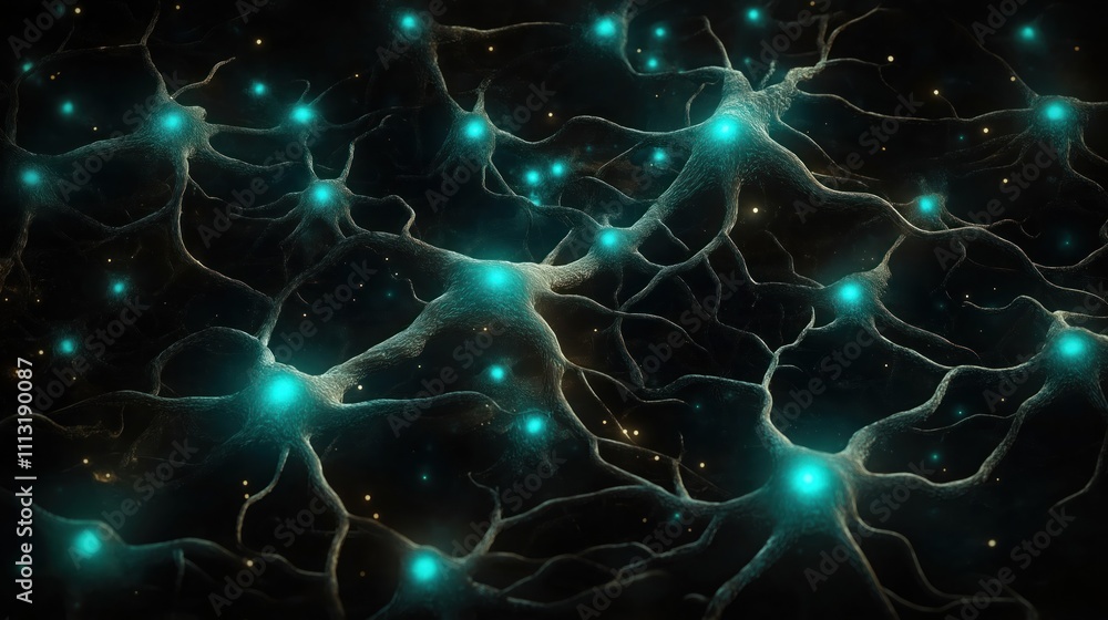 Complex network of glowing turquoise neurons. Illustrates tech neuro network connections. Dark background emphasizes intricate structure. Abstract image shows intricate neural pathways. Modern tech Complex network of glowing turquoise neurons. Illustrates tech neuro network connections. Dark background emphasizes intricate structure. Abstract image shows intricate neural pathways. Modern tech