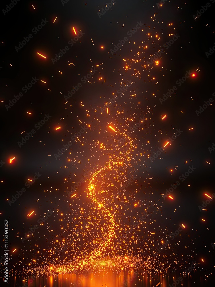 Naklejka premium Dark metallic background with glowing sparks flying upwards in a chaotic dance, energy, dynamic