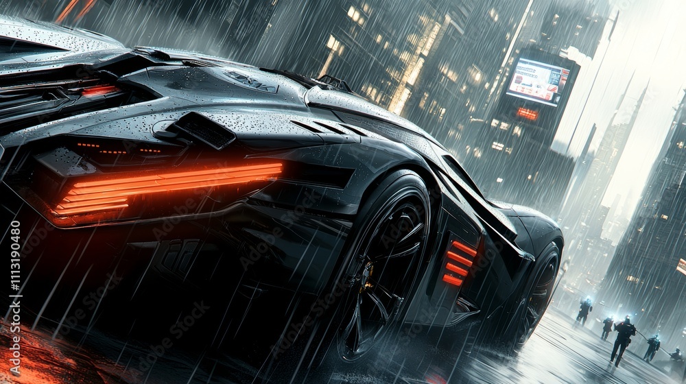 A futuristic vehicle in a rainy urban setting, showcasing sleek design and advanced technology. A futuristic vehicle in a rainy urban setting, showcasing sleek design and advanced technology.