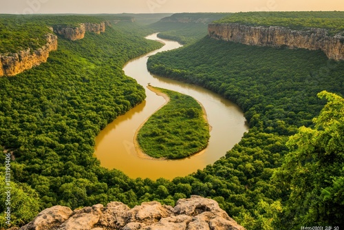 Golden river winding through a dense green valley, viewed from a cliffa??s edge for a panoramic view. photo